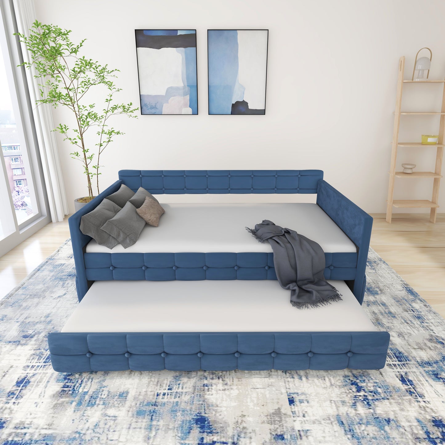 Upholstered Twin Size Daybed With Trundle, Velvet Fabric, No Box Spring Required, Comfortable And Simple Design Models - Blue