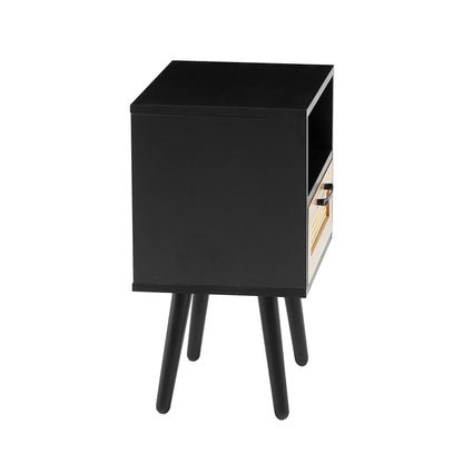 15.75" Rattan End Table With Drawer And Solid Wood Legs, Modern Nightstand, Side Table For Living Room, Bedroom - Black