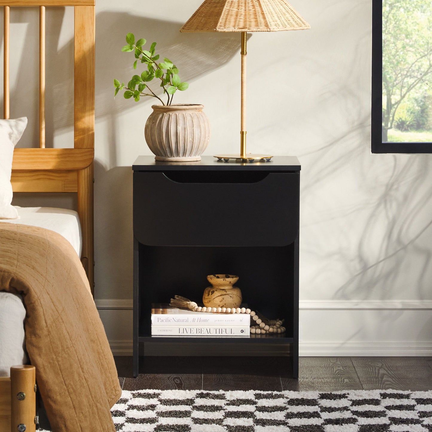 Modern Minimalist 1 Drawer Nightstand With Cubby - Black