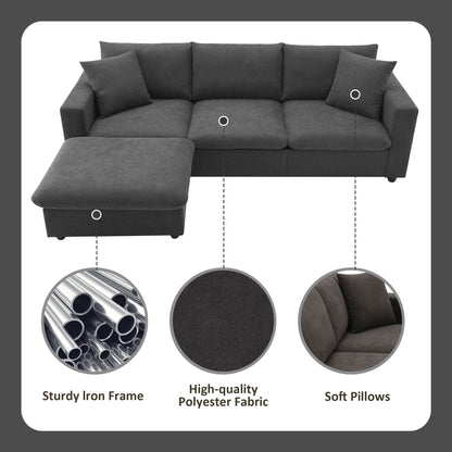 Modern Sectional Sofa, L-Shaped Couch Set With 2 Free Pillows, 4 Seat Polyester Fabric Couch Set With Convertible Ottoman - Dawn Gray