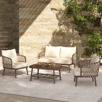 4 Piece Outdoor Patio Furniture Set, Metal Chairs With Woven Rope U Shaped Backrest, Outdoor Conversation Set With Thick Cushions And Coffee Table For Garden, Poolside, Balcony - Brown / Beige