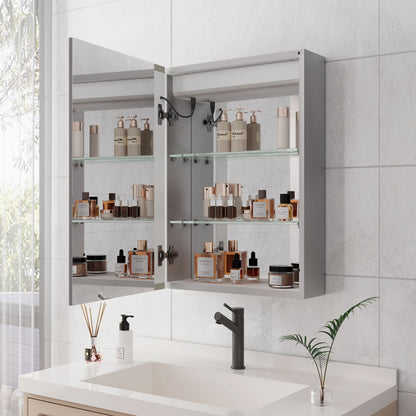 Bathroom Medicine Cabinet With Lights, LED Medicine Cabinet With Mirror, Lighted Medicine Cabinet With Defogger, Dimmer, Digital Clock & Temp Display, Surface Mount - Silver