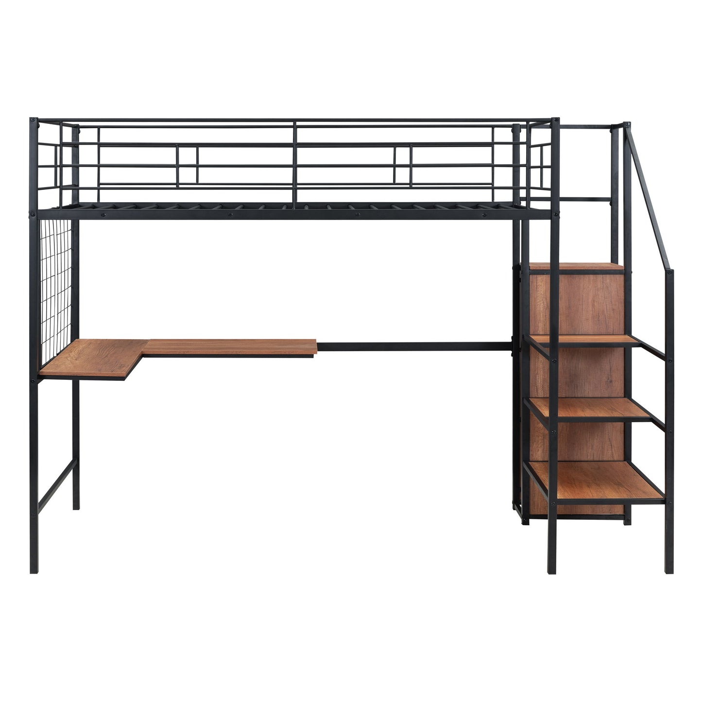 Twin Size Loft Bed With Desk And Grid, Stylish Frame With Lateral Storage Ladder And Wardrobe - Black