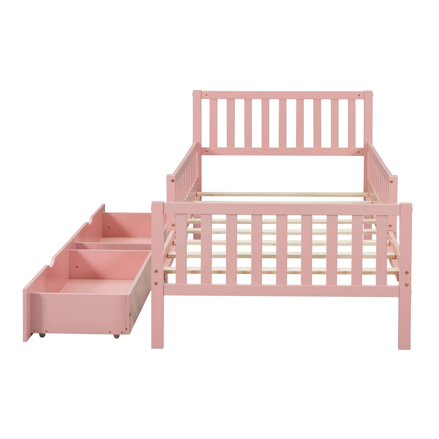 Twin Size Platform Bed With Guardrails On Both Sides And 2 Storage Drawers - Pink