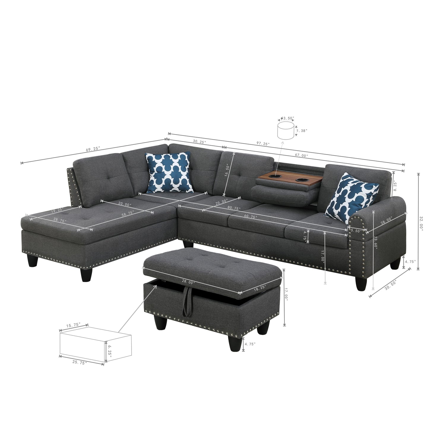 Alger - 98" Wide Left Hand Facing Sofa & Chaise With Ottoman - Dark Gray