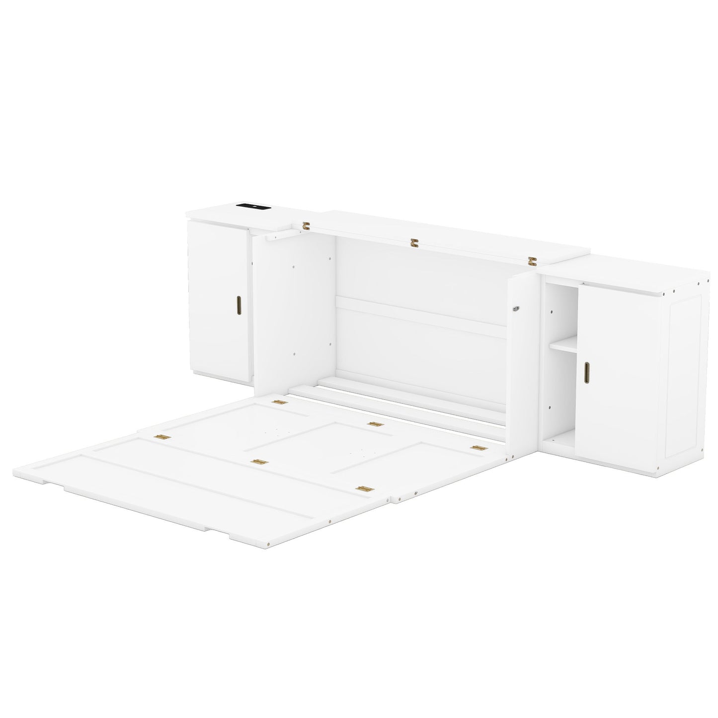 Queen Size Murphy Bed With Shelves, Cabinets And USB Ports - White