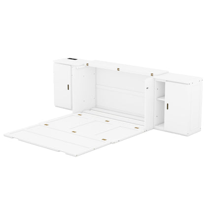 Queen Size Murphy Bed With Shelves, Cabinets And USB Ports - White