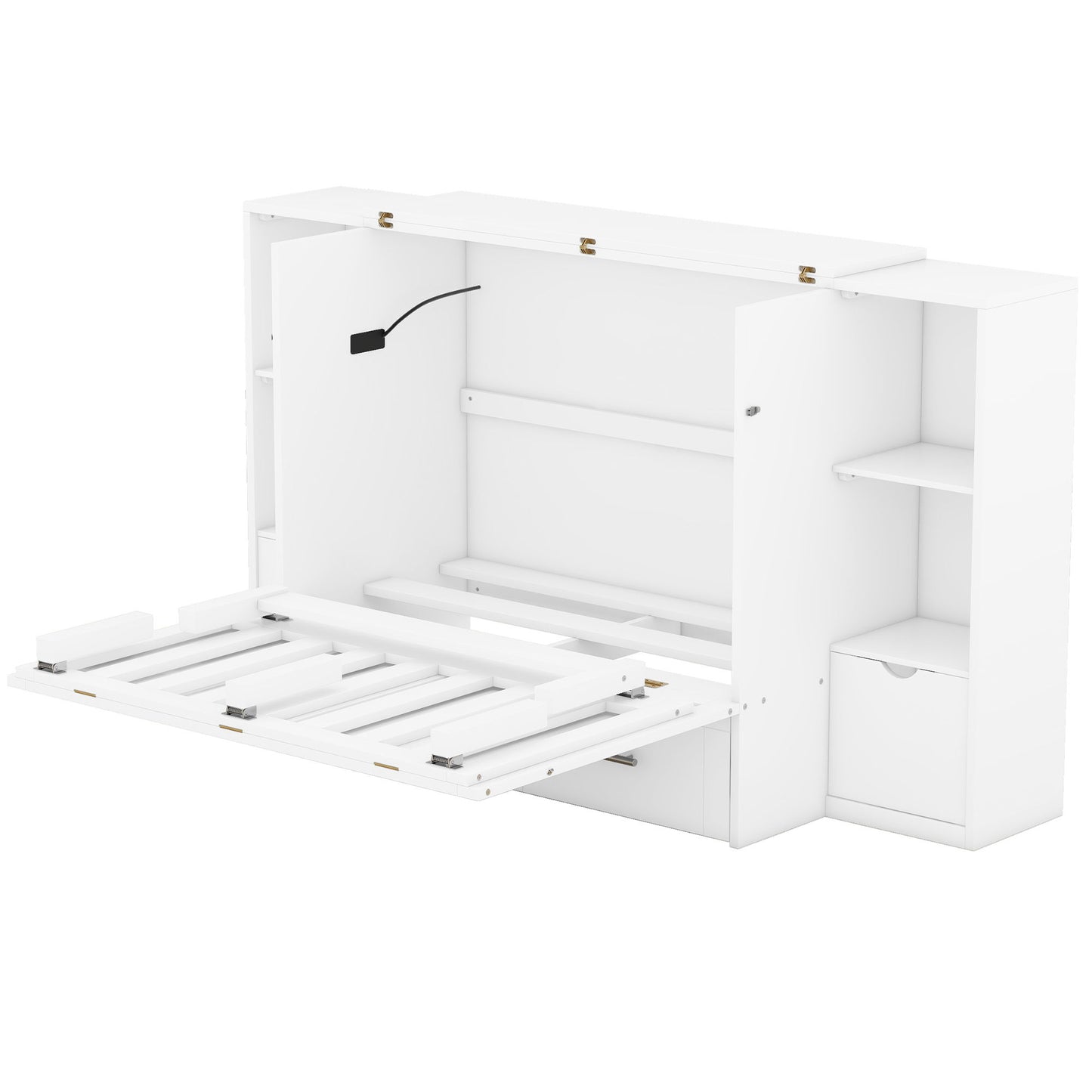 Queen Size Murphy Bed With Shelves, Drawers And USB Ports - White