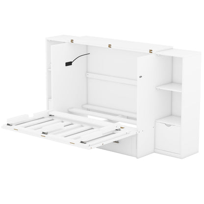 Queen Size Murphy Bed With Shelves, Drawers And USB Ports - White
