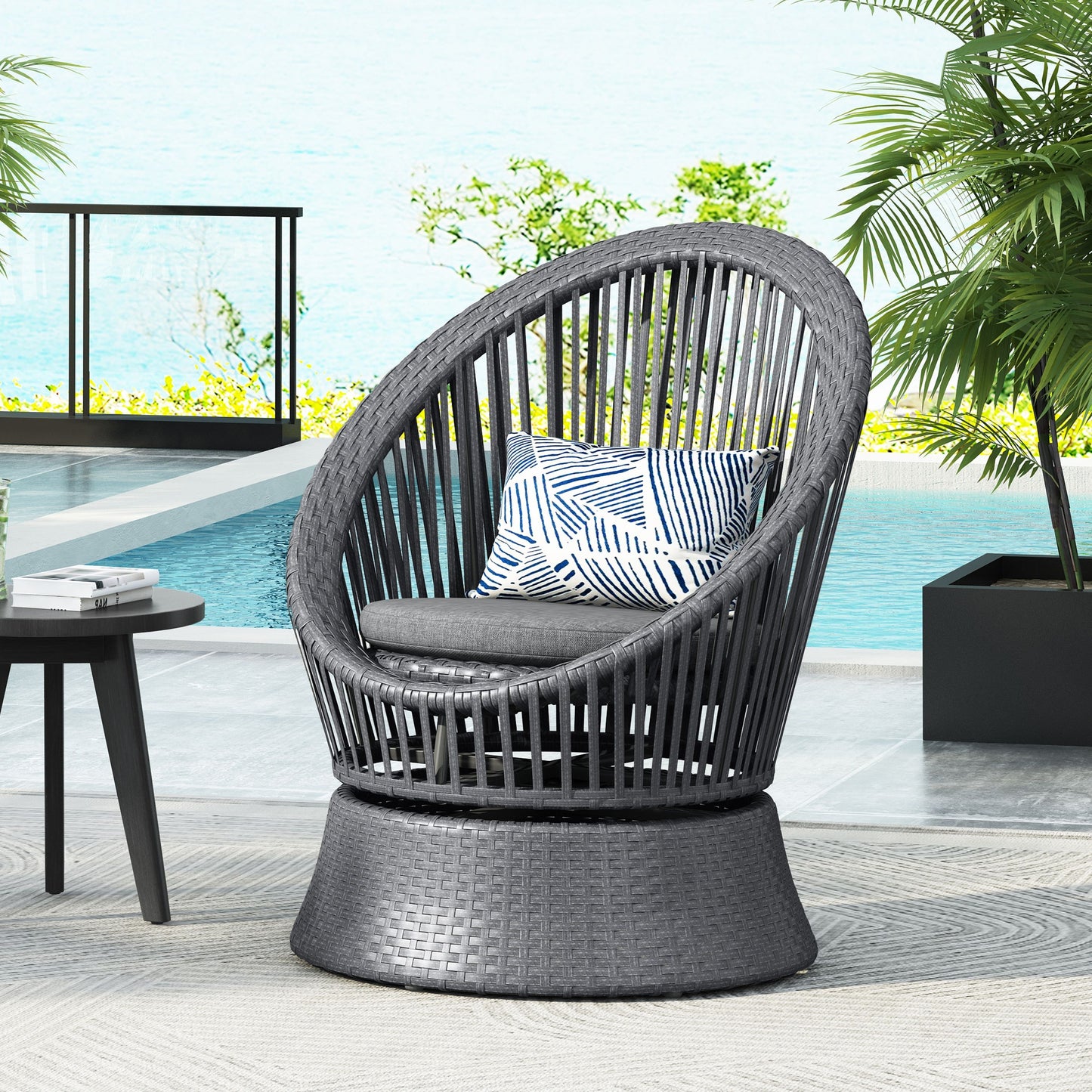 Modern Swivel Wicker Lounge Chair With Pe Rattan And Iron Frame, Round Design - Gray