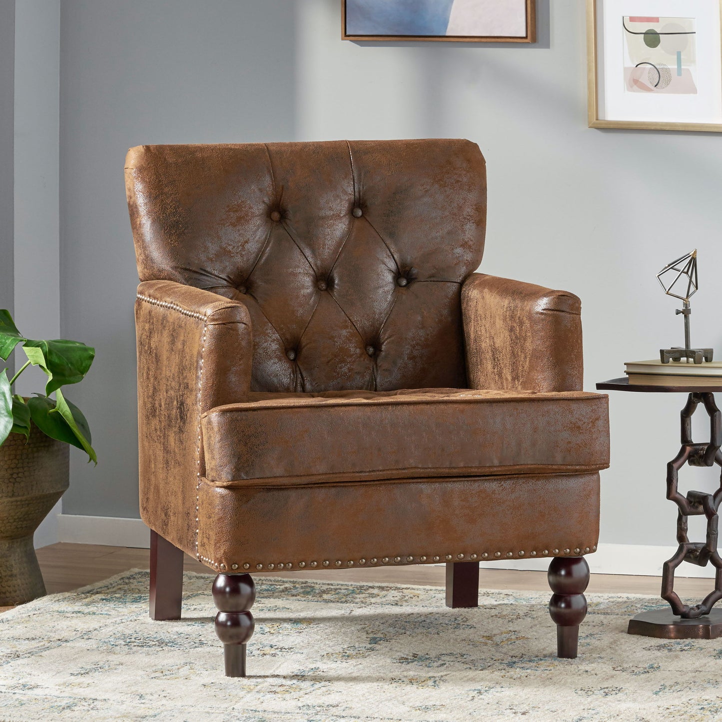 Vitality - Club Chair With Button Tufted Diamond Stitching And Turned Legs - Brown