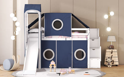 Twin Size Loft Bed With Tent And Tower - Blue