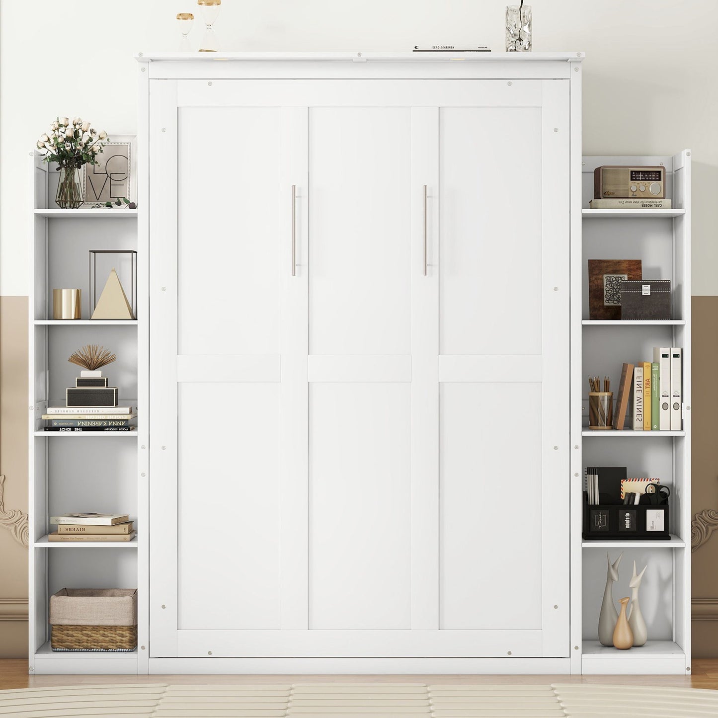 Full Size Murphy Wall Bed With Shelves And LED Lights - White