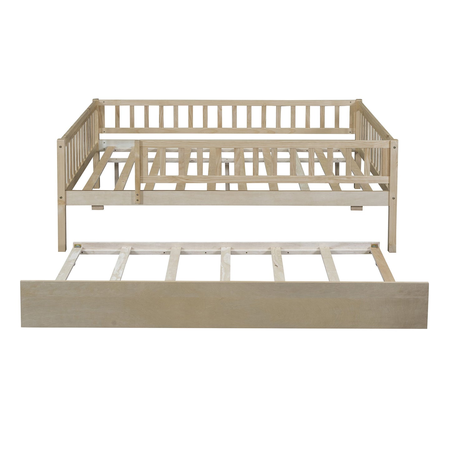 Full Size Daybed With Trundle And Fence Guardrails - Natural