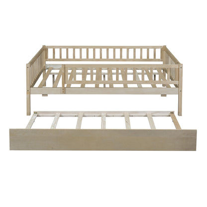 Full Size Daybed With Trundle And Fence Guardrails - Natural
