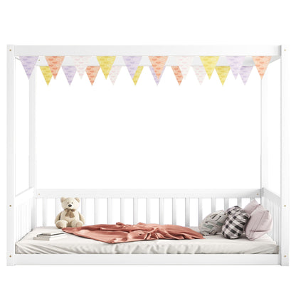 Full Size Canopy Frame Floor Bed With Fence, Guardrails - White