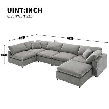 Modern Modular Cloud Sofa Bed, 6 Seat Chenille Sectional Couch Set With Ottoman, Free Combination, Convertible U Shaped Sleeper Sofa - Gray