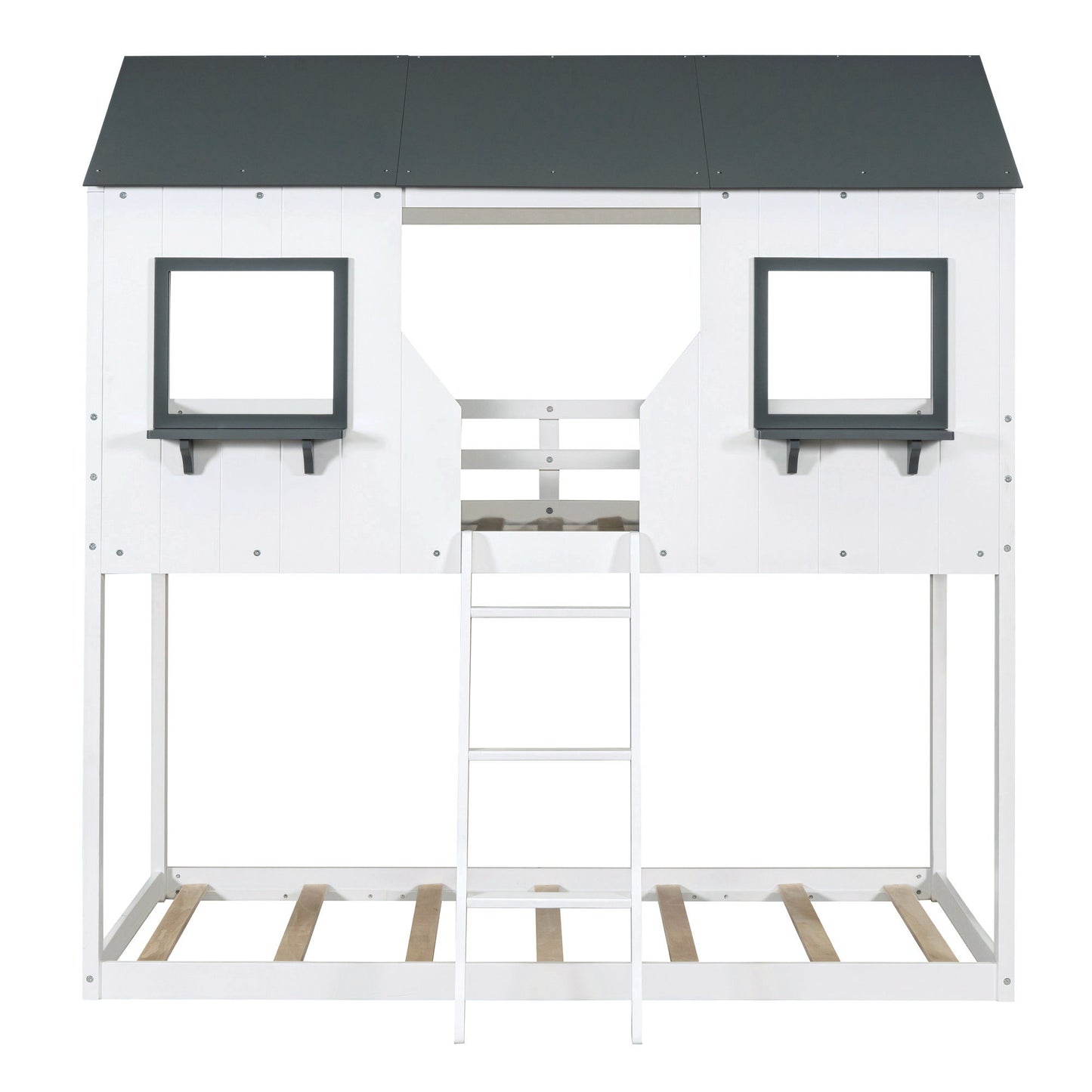 Twin Over Twin Bunk Bed Bed With Roof, Window, Guardrail, Ladder - White