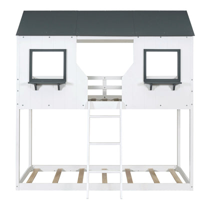 Twin Over Twin Bunk Bed Bed With Roof, Window, Guardrail, Ladder - White
