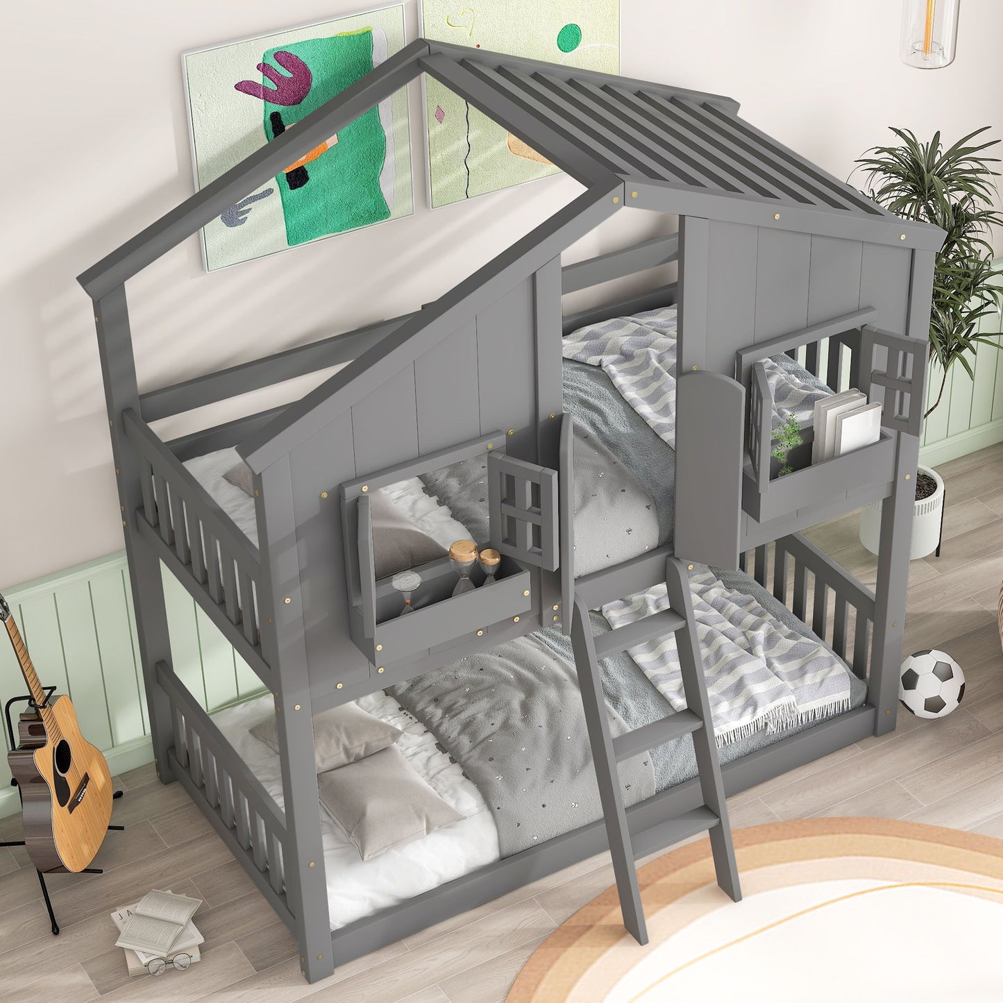 Twin Over Twin House Bunk Bed With Roof, Window, Window Box, Door, With Safety Guardrails And Ladder - Gray