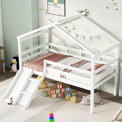 Twin Low Loft House Bed With Slide, Ladder, Safety Guardrails, House Roof Frame - White