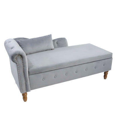 Chaise Lounge Indoor, Velvet Lounge Chair For Bedroom With Storage & Pillow, Modern Upholstered Rolled Arm Chase Lounge For Sleeping With Nailhead Trim For Living Room Bedroom Office - Gray