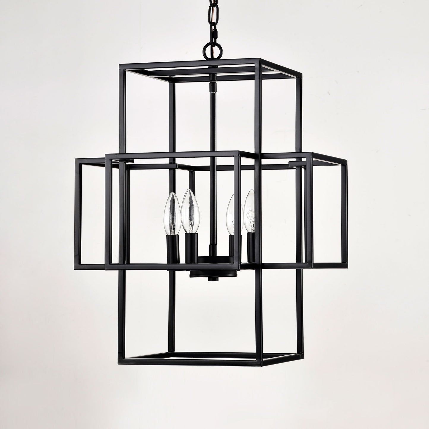 4 Light Metal Lantern Tiered Pendant Hanging Light Fixtures, Industrial Farmhouse Adjustable Height Chandeliers For Dining Room Hallway Foyer Entryway (E12 Bulbs Not Included) - Matte Black