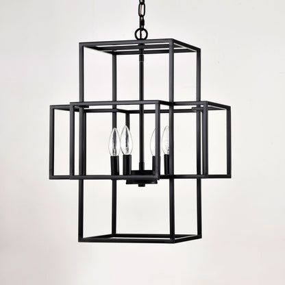 4 Light Metal Lantern Tiered Pendant Hanging Light Fixtures, Industrial Farmhouse Adjustable Height Chandeliers For Dining Room Hallway Foyer Entryway (E12 Bulbs Not Included) - Matte Black
