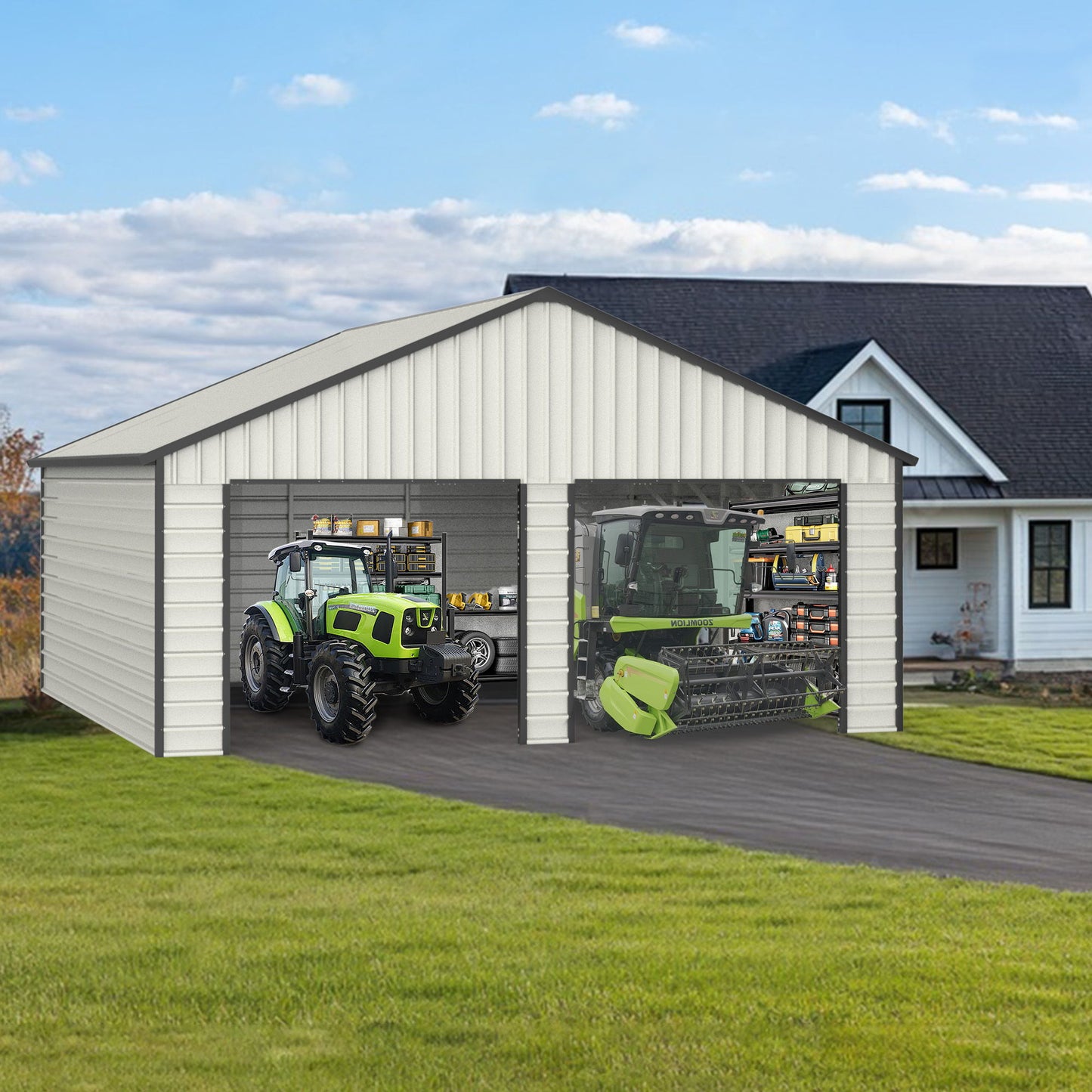 Double Garage Metal Shed With Side Entry Door, Can Storage Power Tools, Motorized Machinery, Farm Equipment, Pick Up Truck - Cream
