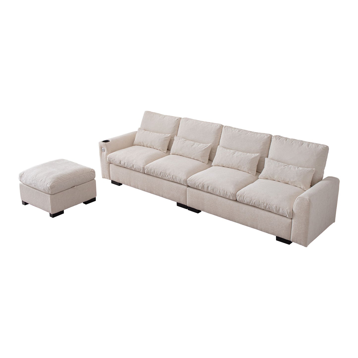 Modern Modular L Shaped Chenille Sofa Couch Reversible Ottoman With Storage Removable And Washable Cushions Sofa With USB Ports & Cup Holder For Living Room - Beige