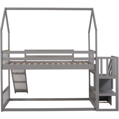 Twin Over Twin House Bunk Bed With Convertible Slide, Storage Staircase Can Be Placed Left Or Right - Gray