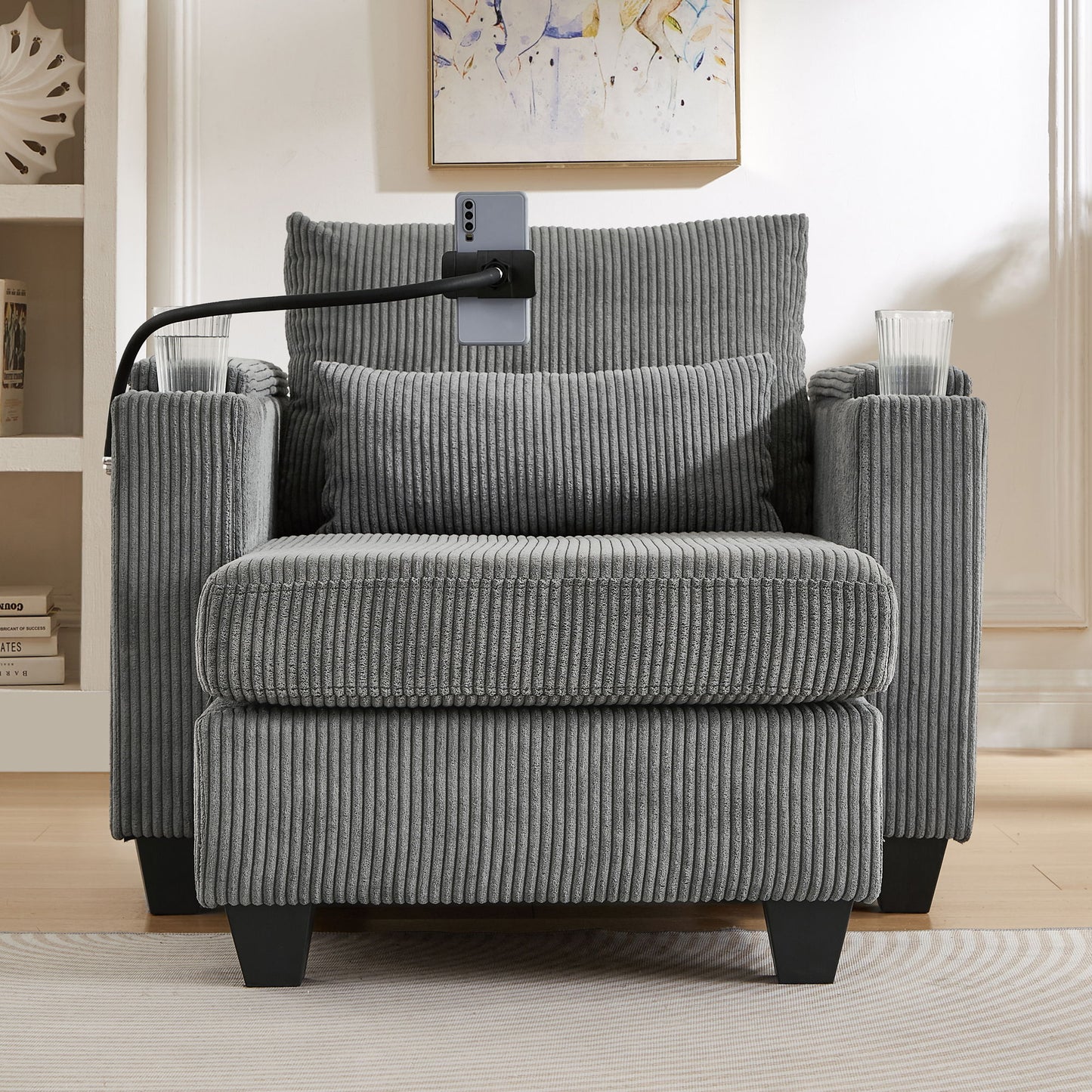 Convertible Chaise Lounge Sofa Chair Corduroy Sleeper With USB Ports, Cup Holders, Storage - Gray