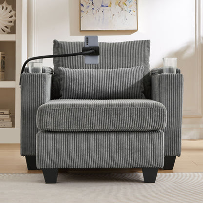 Convertible Chaise Lounge Sofa Chair Corduroy Sleeper With USB Ports, Cup Holders, Storage - Gray