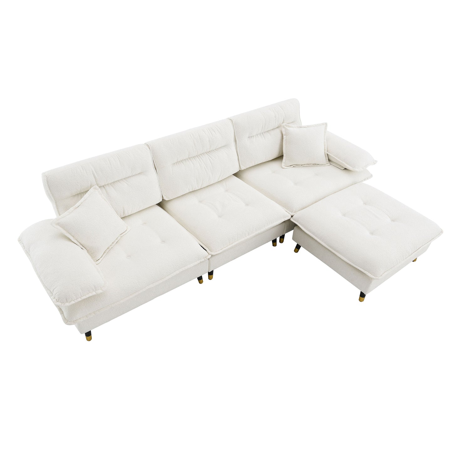 L Shaped Convertible Sectional Sofa 4 Seat Tufted Couch Set With Two Tone Adjust Legs Cloud Movable Ottoman - White