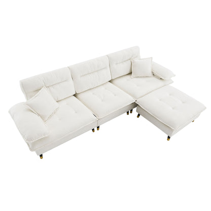L Shaped Convertible Sectional Sofa 4 Seat Tufted Couch Set With Two Tone Adjust Legs Cloud Movable Ottoman - White