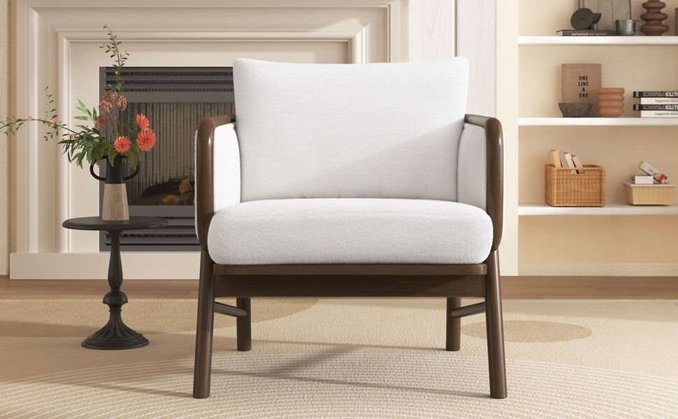 Sherpa Fabric Accent Chair, Upholstered Armchair With Solid Wood Frame, Comfortable Contemporary Lounge Chair For Living Room - White
