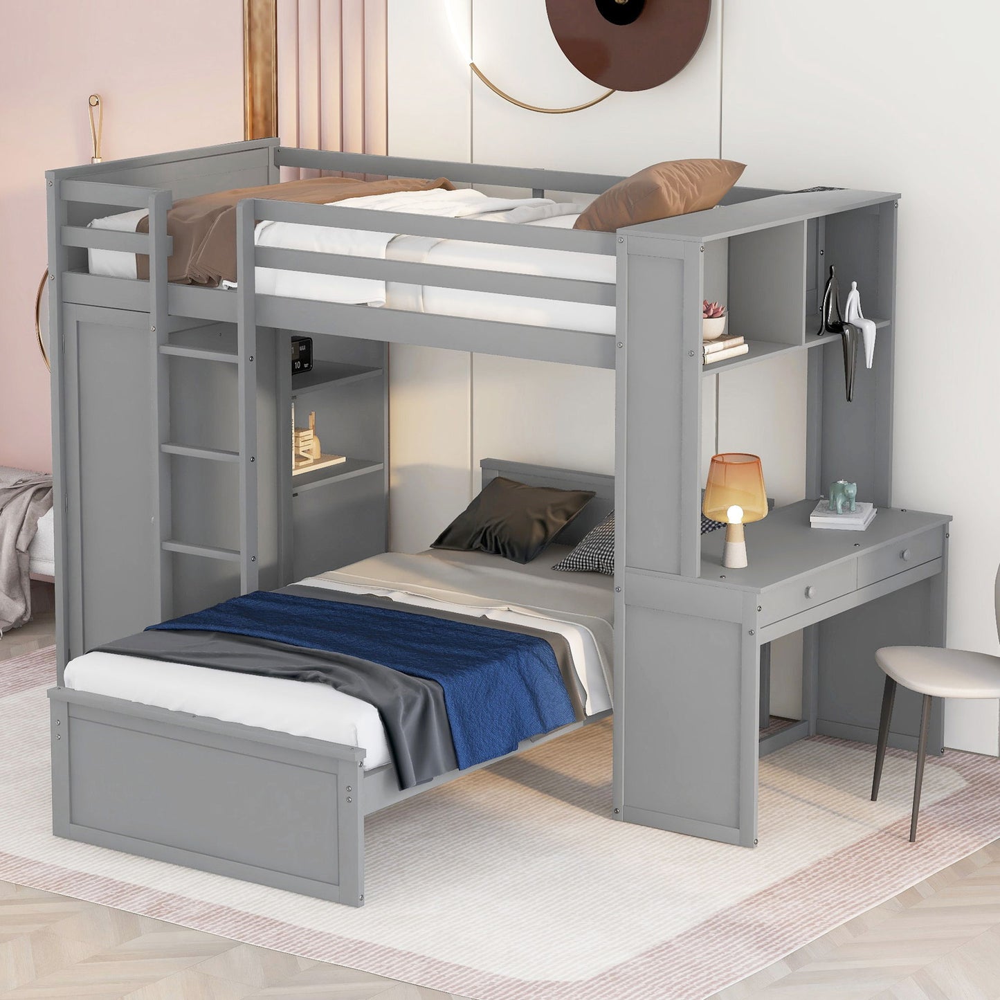 Twin Size Loft Bed With A Stand Alone Bed, Shelves, Desk, And Wardrobe - Gray
