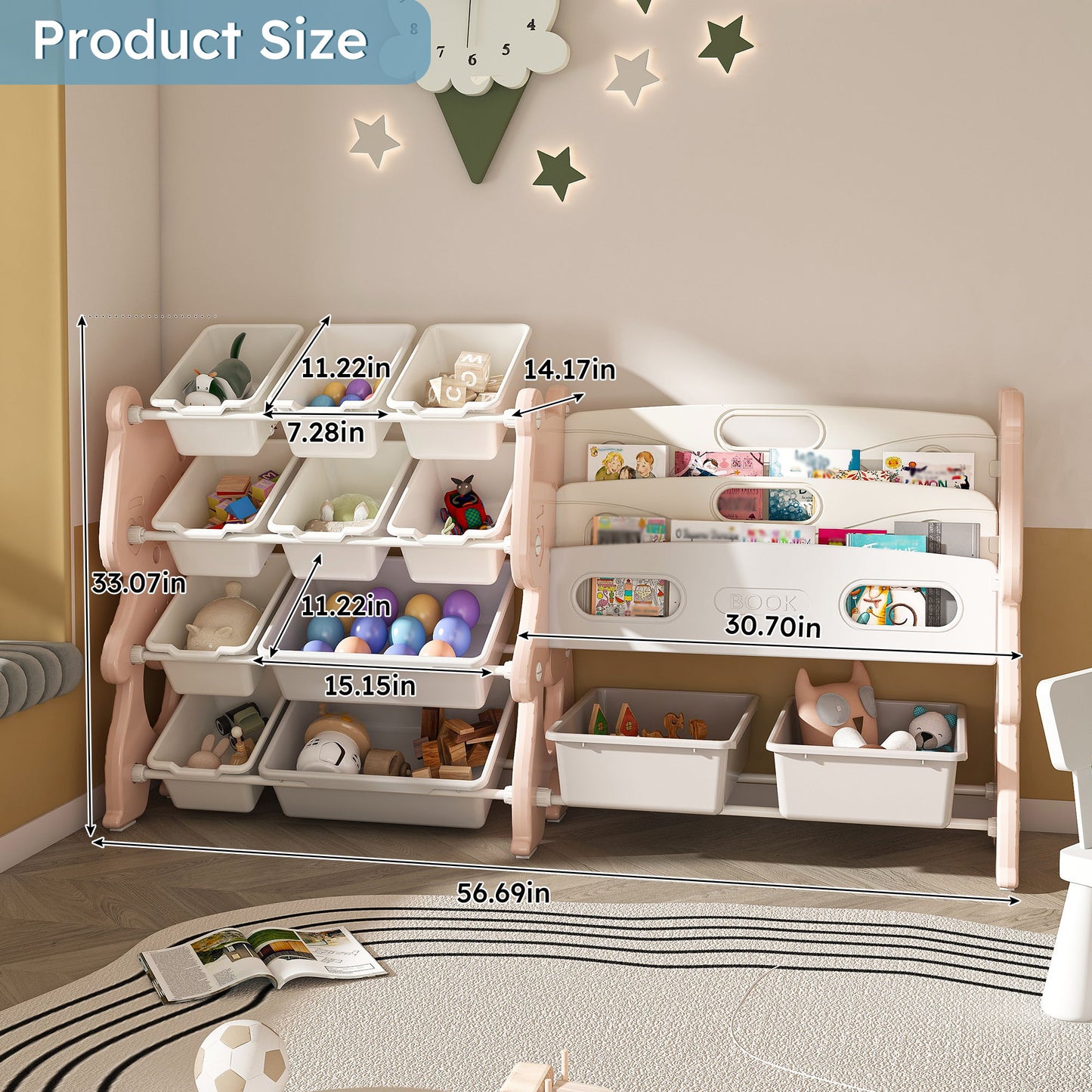 Kids Toy Storage Organizer With 2 Tier Bookshelf And 12 Toy Bins - Pink
