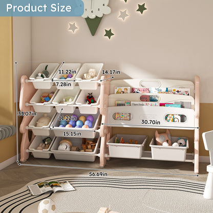 Kids Toy Storage Organizer With 2 Tier Bookshelf And 12 Toy Bins - Pink