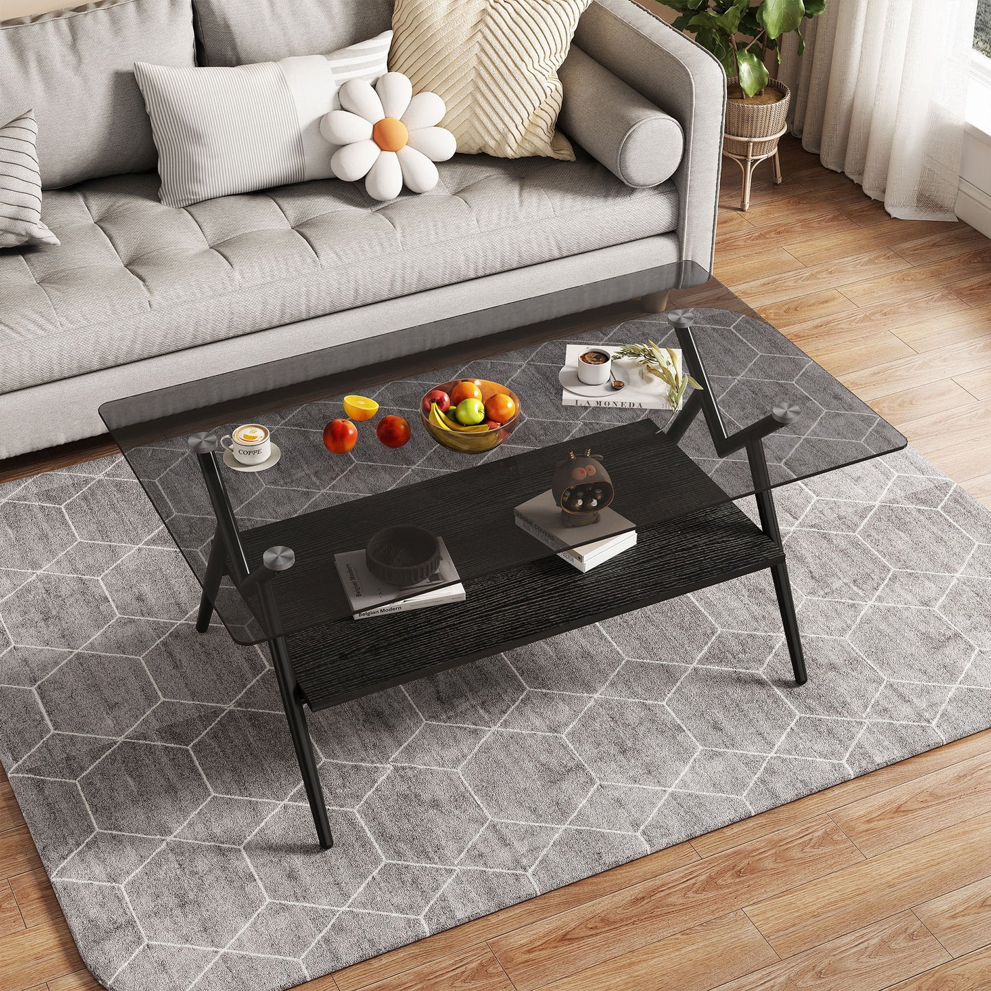 Rectangle Coffee Table With Tempered Glass Top And Black MDF Shelf, Modern Table For Living Room - Gray