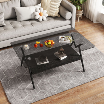 Rectangle Coffee Table With Tempered Glass Top And Black MDF Shelf, Modern Table For Living Room - Gray