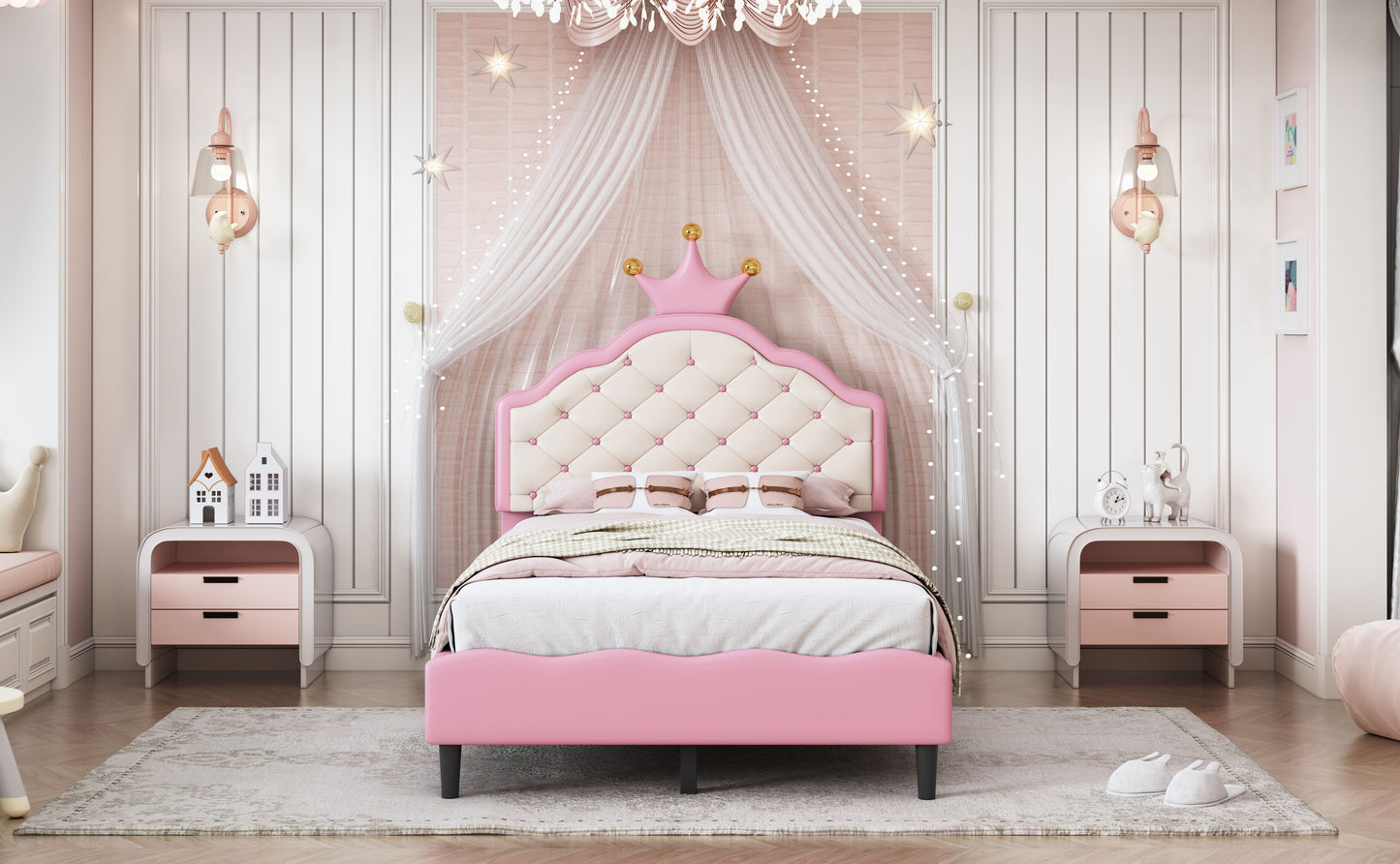 Twin Size Lovely Crown Fantasy Leather Princess Bed With Tufted Headboard - Pink / Cream