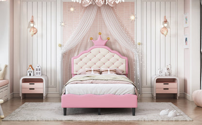 Twin Size Lovely Crown Fantasy Leather Princess Bed With Tufted Headboard - Pink / Cream