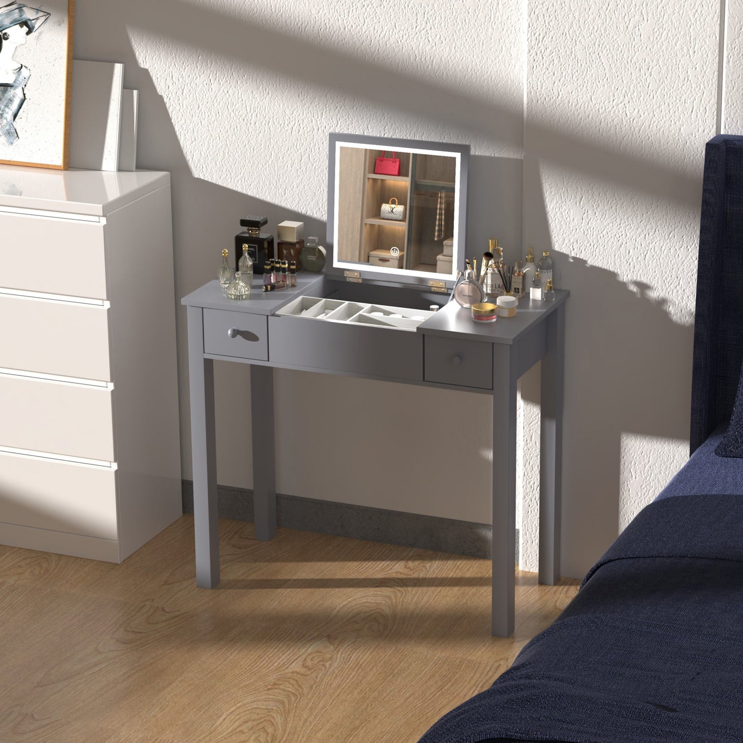 Vanity Table With LED Lights, Flip-Top Mirror And 2 Drawers, Jewelry Storage - Sleek Gray