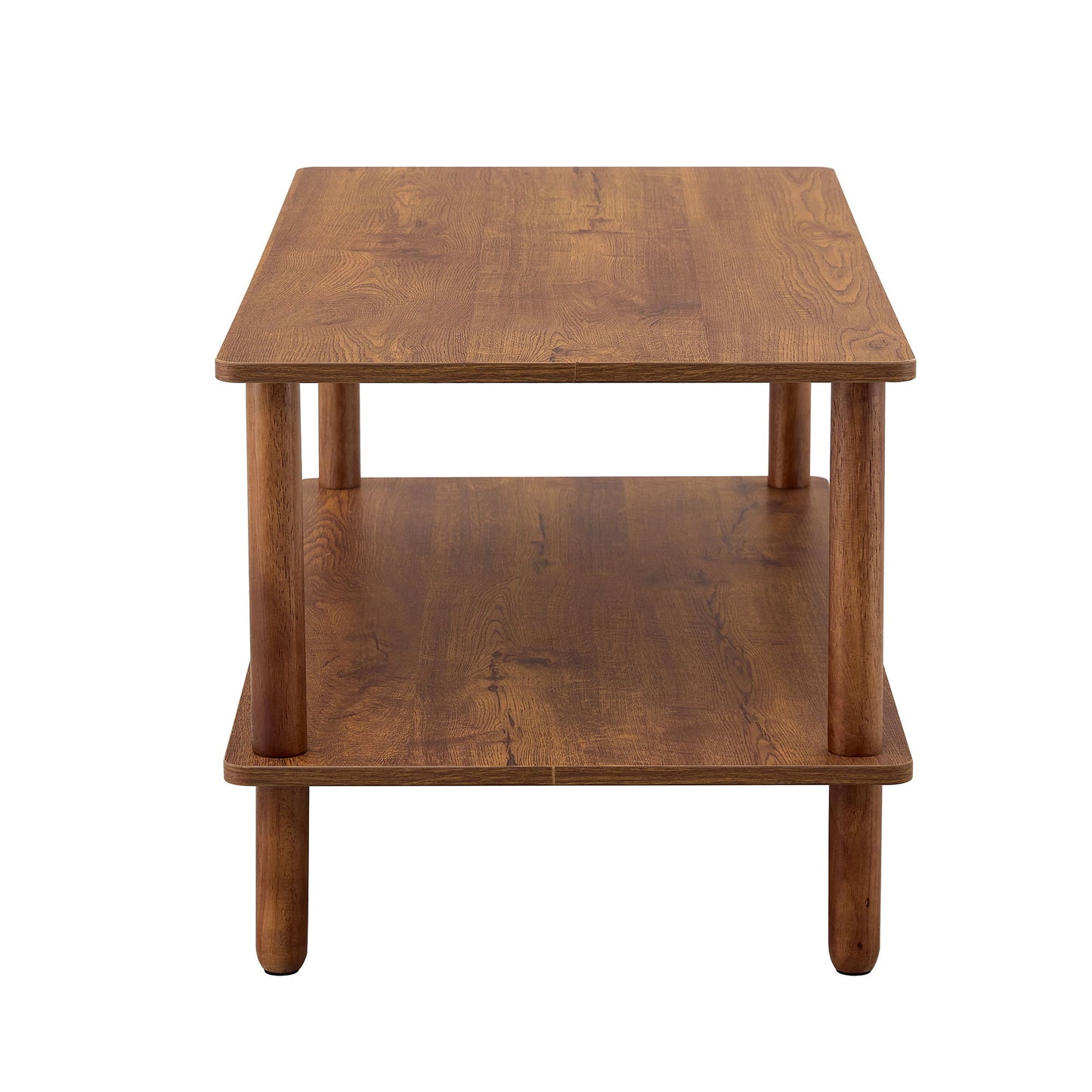 Modern 2 Tier Coffee Table For Living Room Furniture, Rectangular Center Table With Open Storage Shelf, Rounded Rubberwood Legs - Walnut Brown