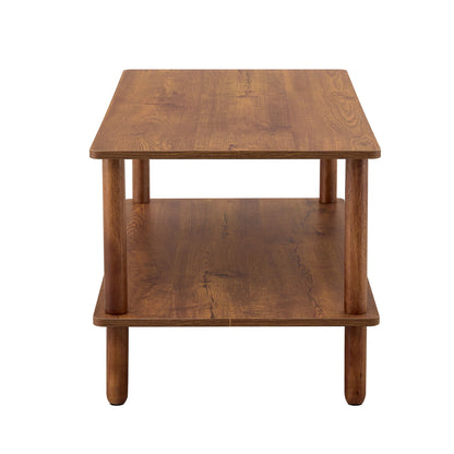 Modern 2 Tier Coffee Table For Living Room Furniture, Rectangular Center Table With Open Storage Shelf, Rounded Rubberwood Legs - Walnut Brown