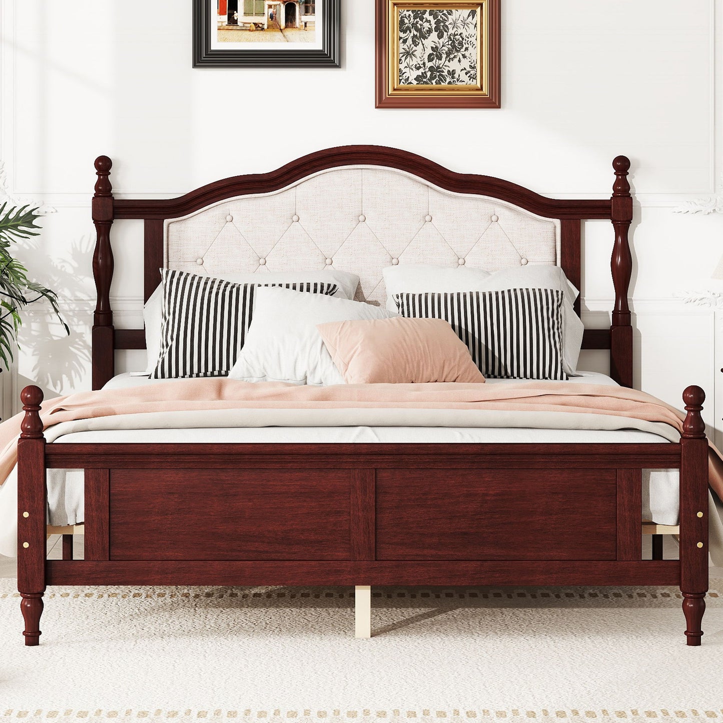 Queen Pine Wooden Bed With Upholstered Headboard And Panel Footboard, With Two Bed Rail Support Feet And Central Platform Support Feet, Classic - Cherry
