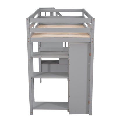 Twin Size Loft Bed With Storage Drawers, Desk And Stairs With Shelves - Gray