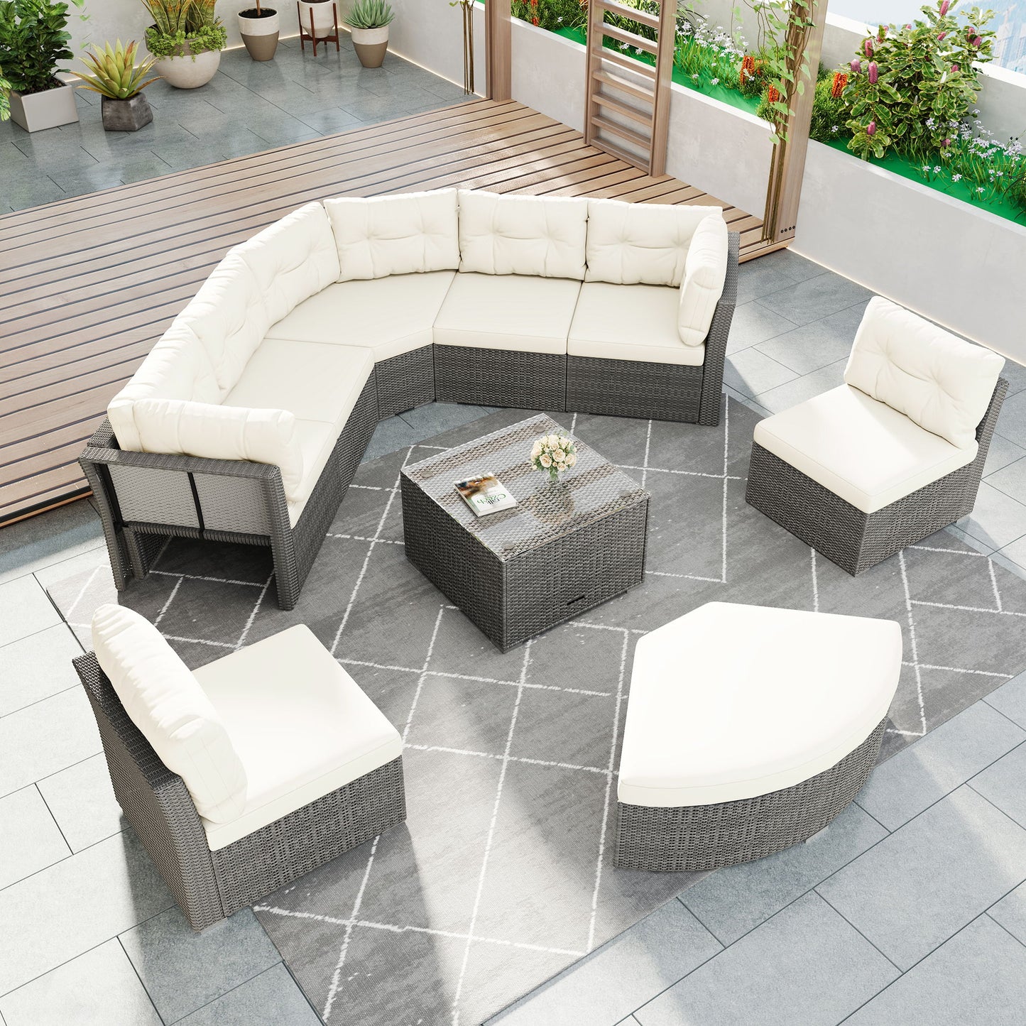 Patio Furniture Set Outdoor Daybed Rattan Sectional With Cushions And Center Table - Beige