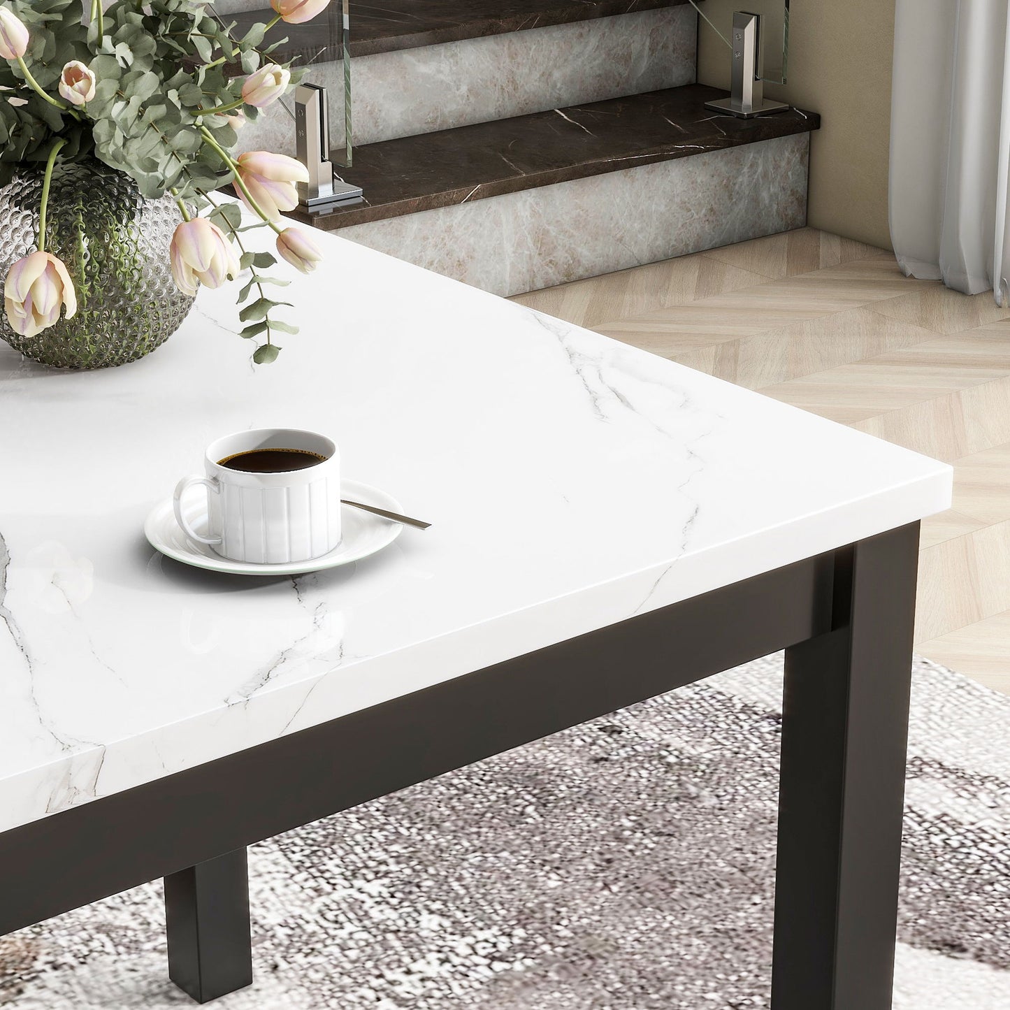 5-Piece Counter Height Dining Table Set With One Faux Marble Top Dining Table And Four Velvet Upholstered Chairs - Black